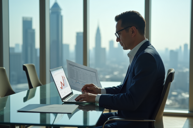 Homme d'affaires en costume dans un bureau moderne analysant des graphiques financiers