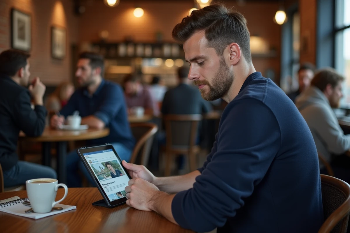 Homme consultant un site d'actualités financières sur une tablette dans un café urbain pour apprendre les bases de la finance