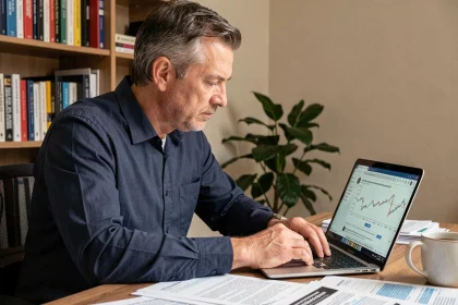 Homme consultant un forum boursier en ligne sur son ordinateur portable avec des documents financiers sur son bureau à domicile
