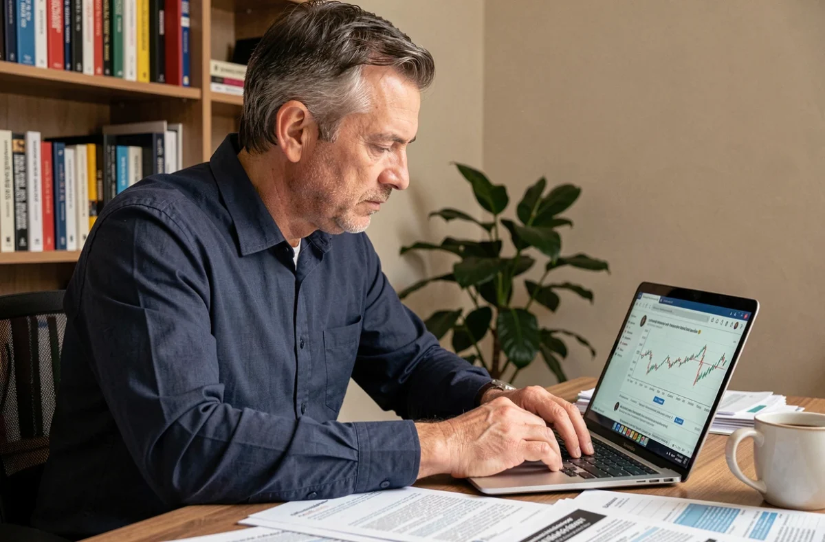Homme consultant un forum boursier en ligne sur son ordinateur portable avec des documents financiers sur son bureau à domicile