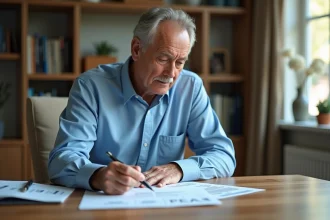 Homme d age moyen examinant des papiers PEA dans un bureau moderne