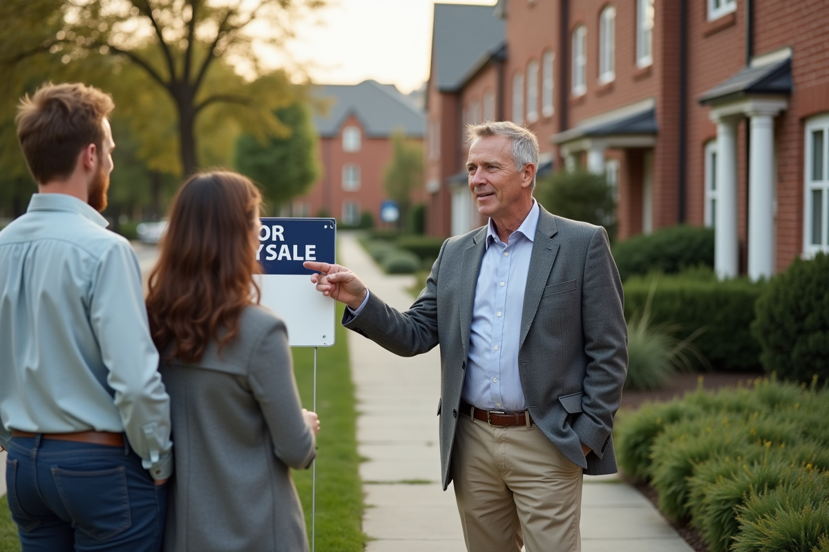 Homme en extérieur montrant une annonce immobilière