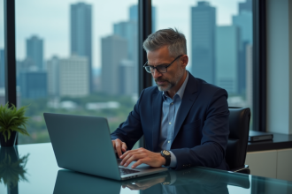 Homme d'âge moyen en costume bleu regardant des graphiques financiers