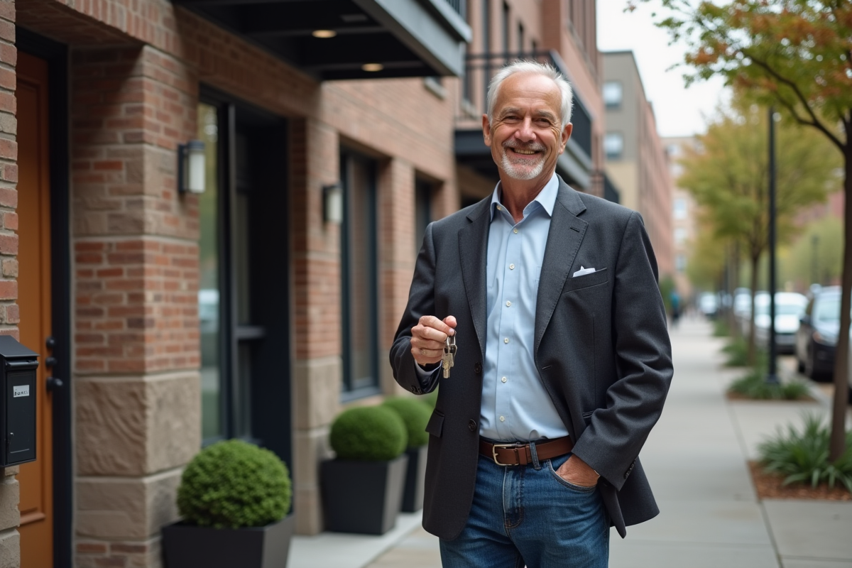 Homme souriant avec clés devant immeuble en ville