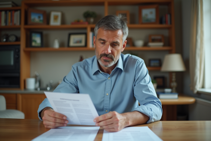 Homme d'âge moyen lisant des documents d'assurance à la maison