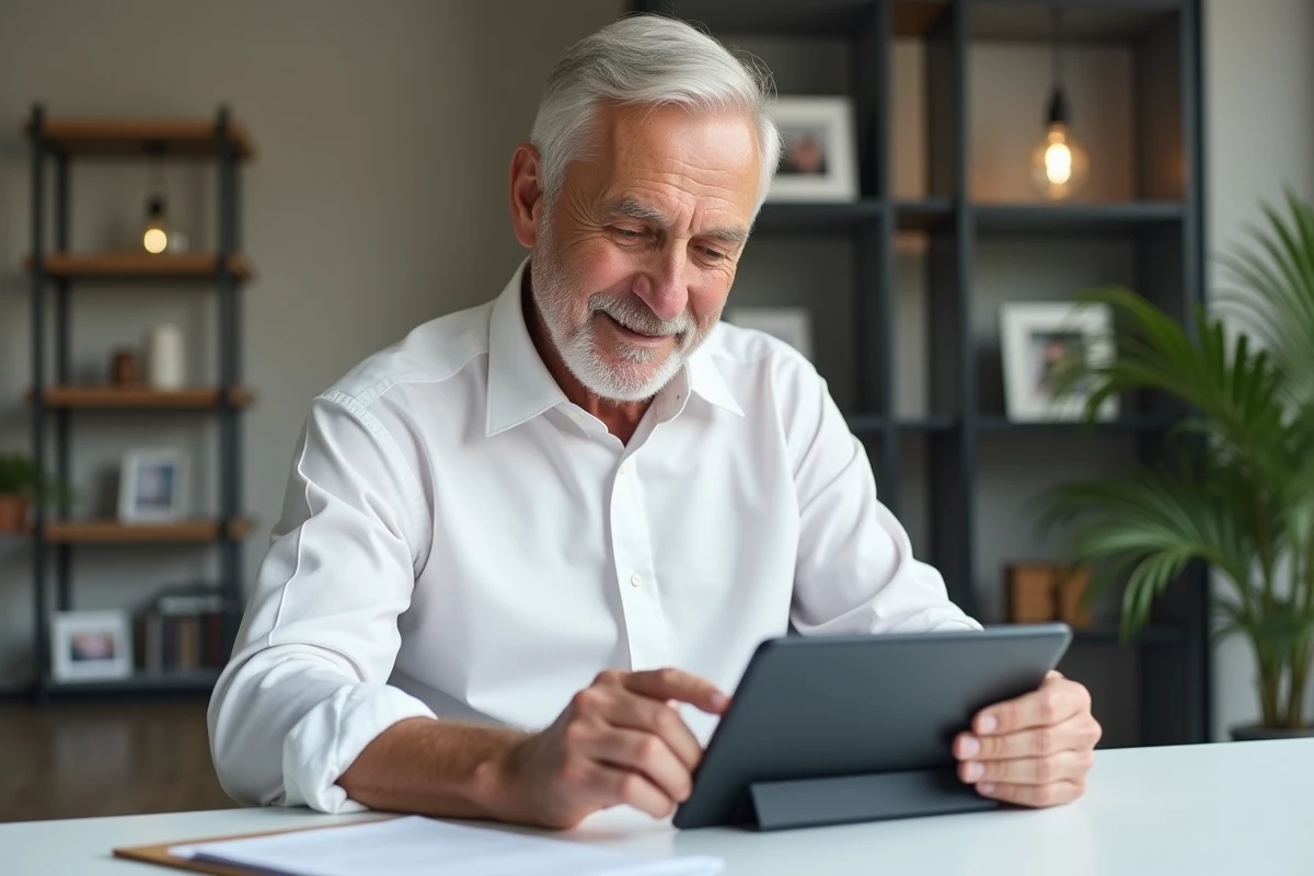 Homme âgé vérifiant son relevé bancaire sur une tablette dans un bureau moderne