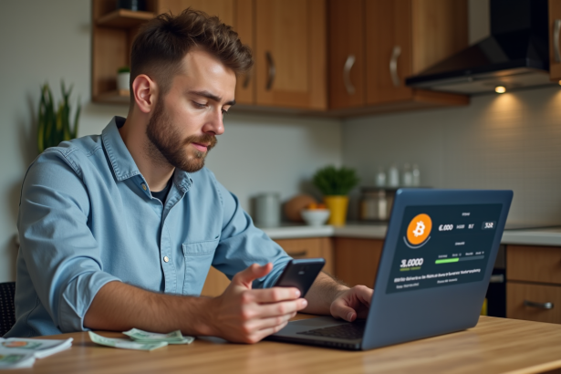 Homme utilisant un ordinateur avec portefeuille Bitcoin et euros