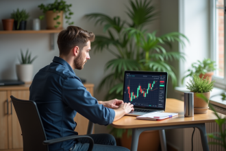 Homme concentré sur son ordinateur avec graphiques de gains