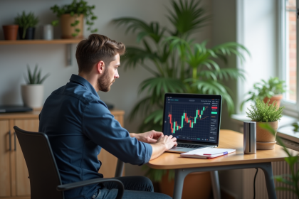 Homme concentré sur son ordinateur avec graphiques de gains