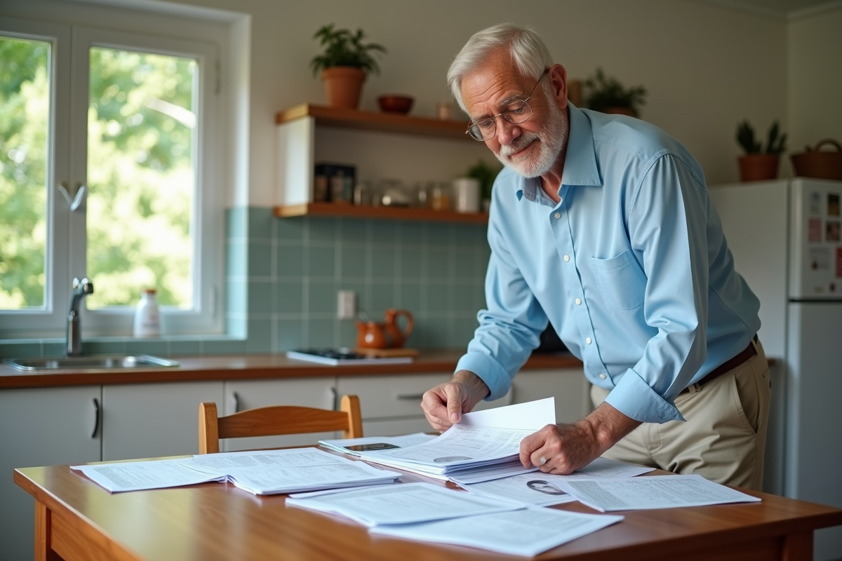 Homme senior organisant papiers dans la cuisine