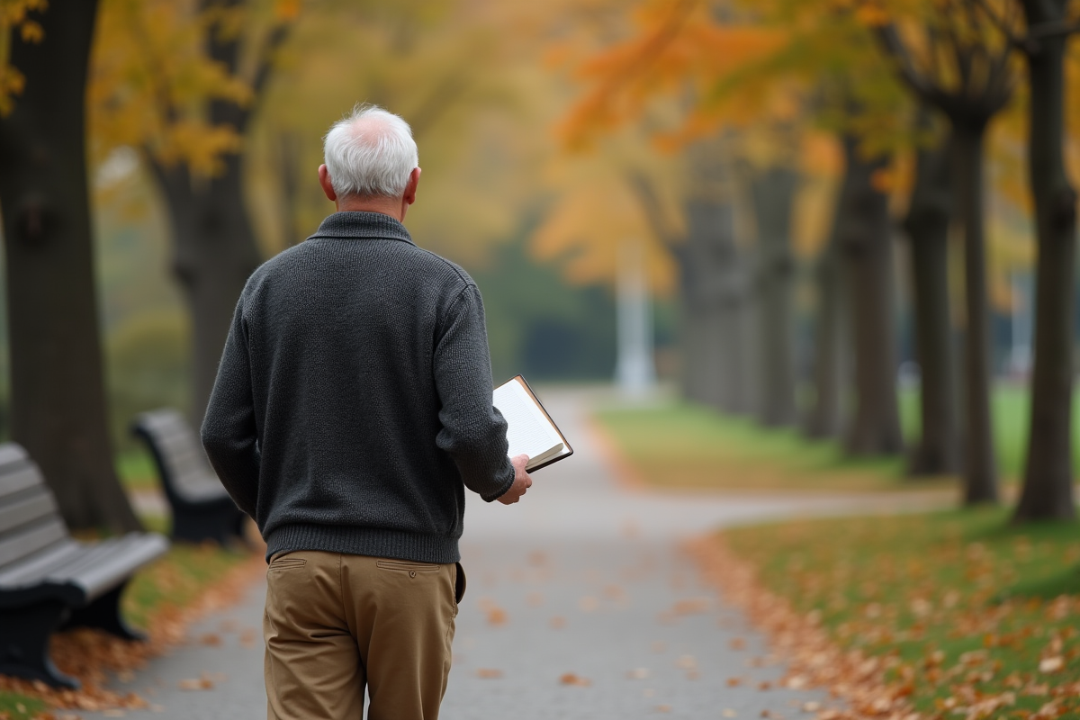 Homme âgé marchant dans un parc en automne
