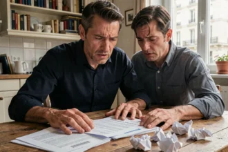 Homme stressé face à un refus de rachat de crédit, documents bancaires éparpillés sur une table en bois