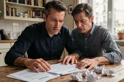 Homme stressé face à un refus de rachat de crédit, documents bancaires éparpillés sur une table en bois