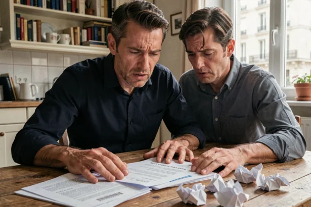 Homme stressé face à un refus de rachat de crédit, documents bancaires éparpillés sur une table en bois