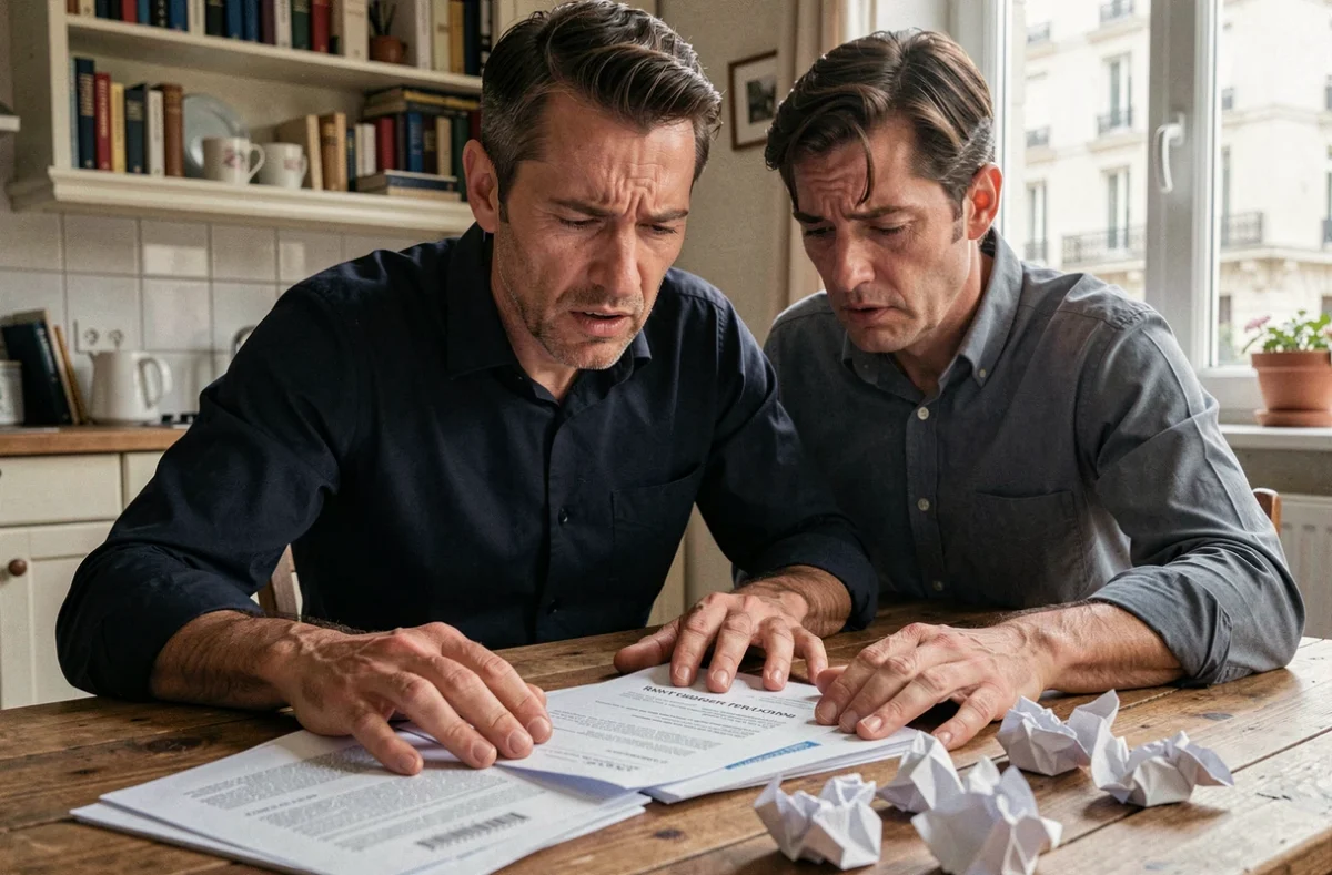 Homme stressé face à un refus de rachat de crédit, documents bancaires éparpillés sur une table en bois