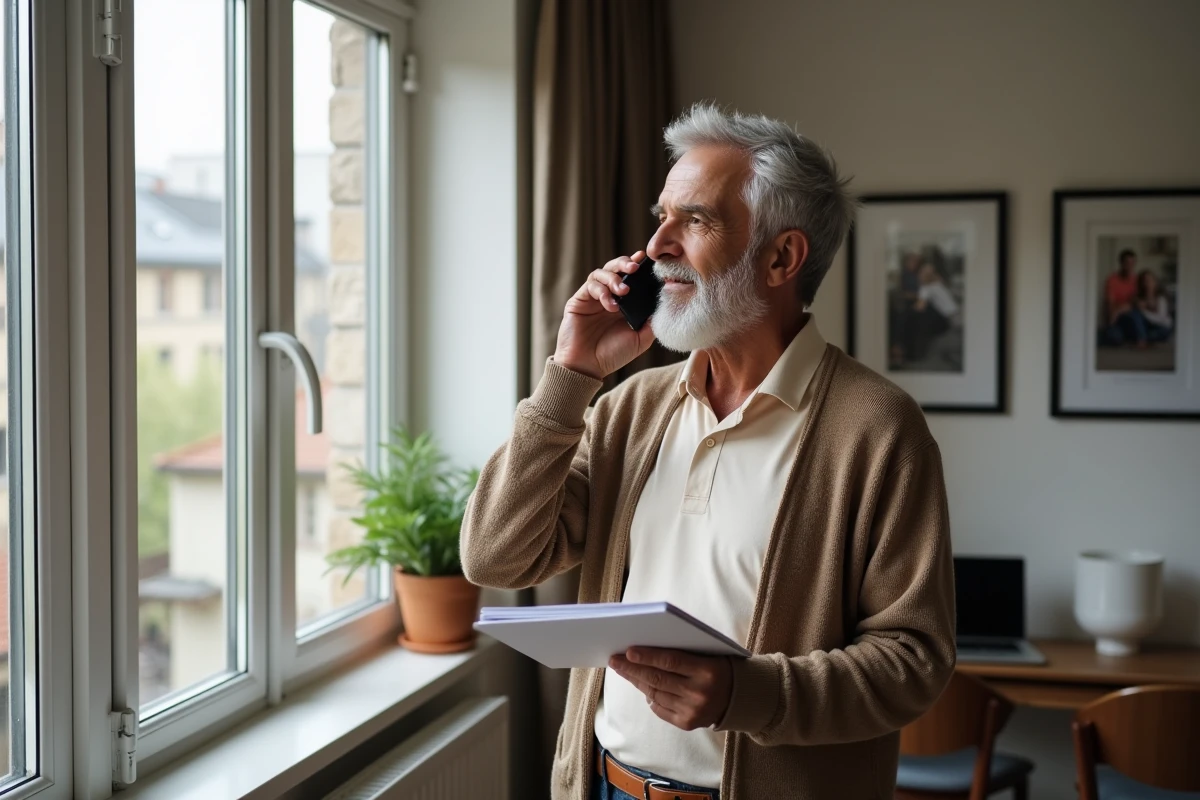 Homme retraité parlant au téléphone dans son salon lumineux
