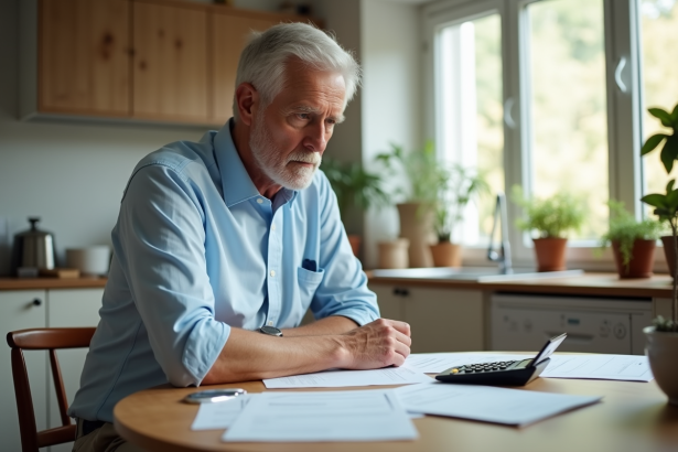 Homme en retraite à la table de cuisine avec documents