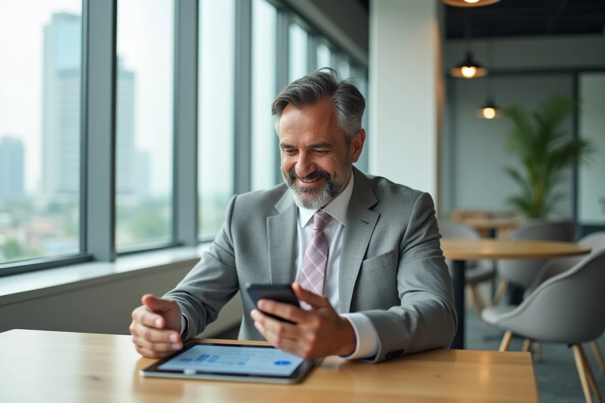 Homme d âge moyen utilisant une application bancaire sur smartphone