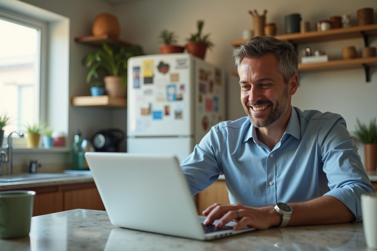 Homme satisfait vérifiant une notification cashback à la maison