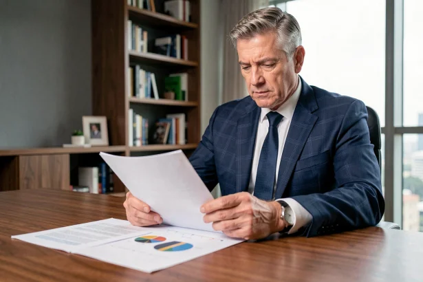Homme d'affaires senior analysant des documents financiers liés à l'action Thales dans un bureau moderne, stratégie de retraite