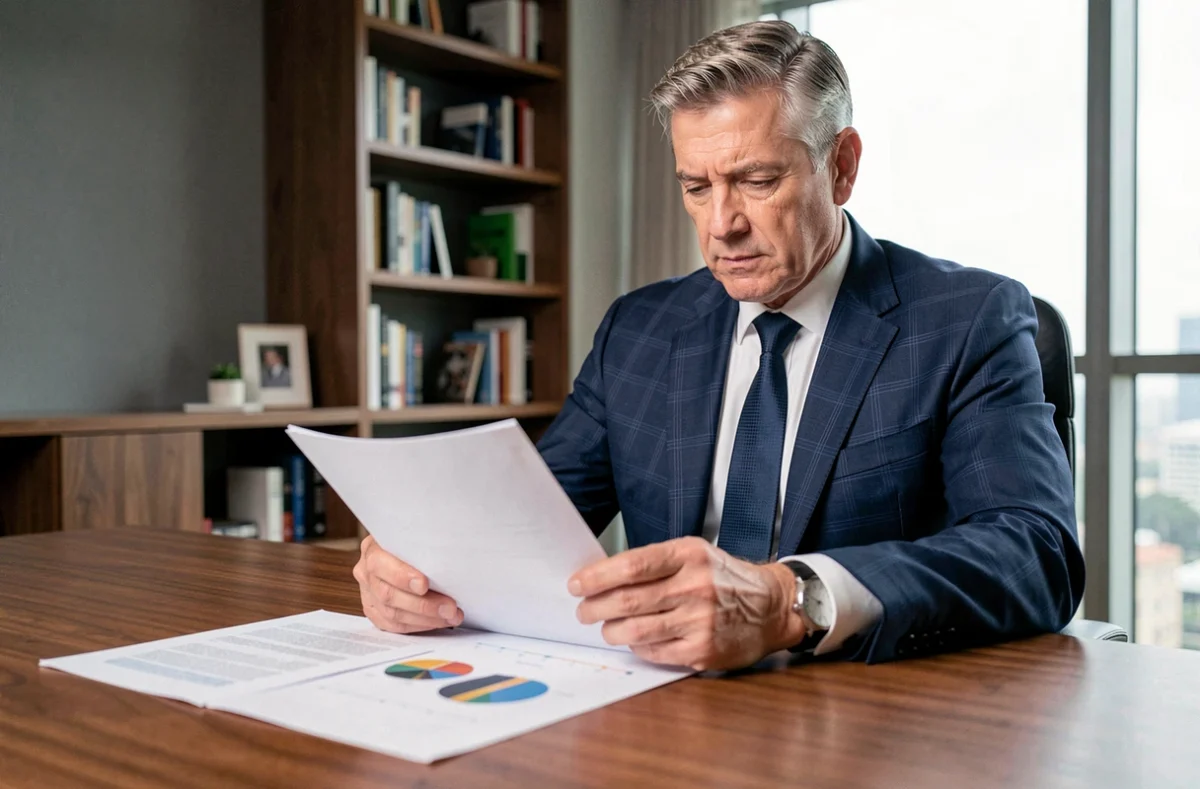 Homme d'affaires senior analysant des documents financiers liés à l'action Thales dans un bureau moderne, stratégie de retraite
