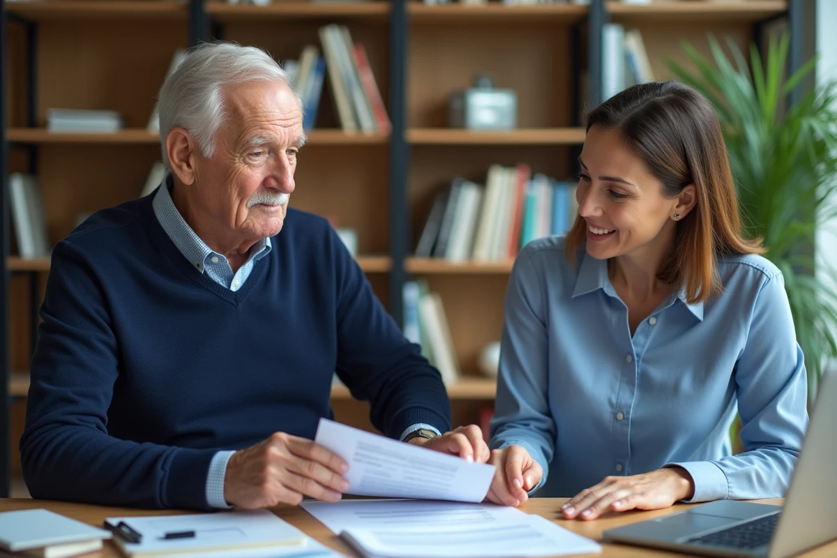 Homme âgé consultant avec une conseillère dans un bureau moderne