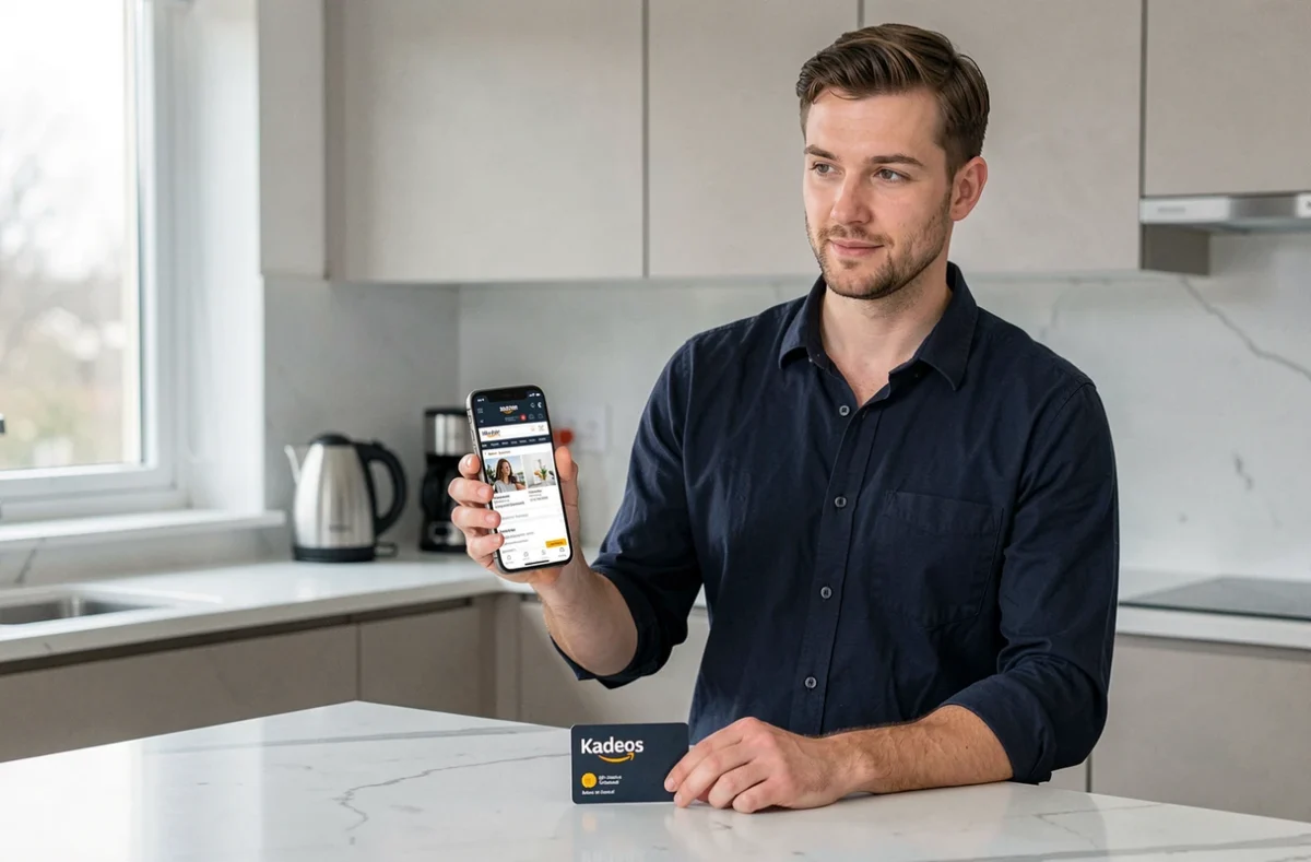 Homme consultant Amazon sur smartphone avec une carte cadeau Kadeos posée sur un comptoir de cuisine moderne