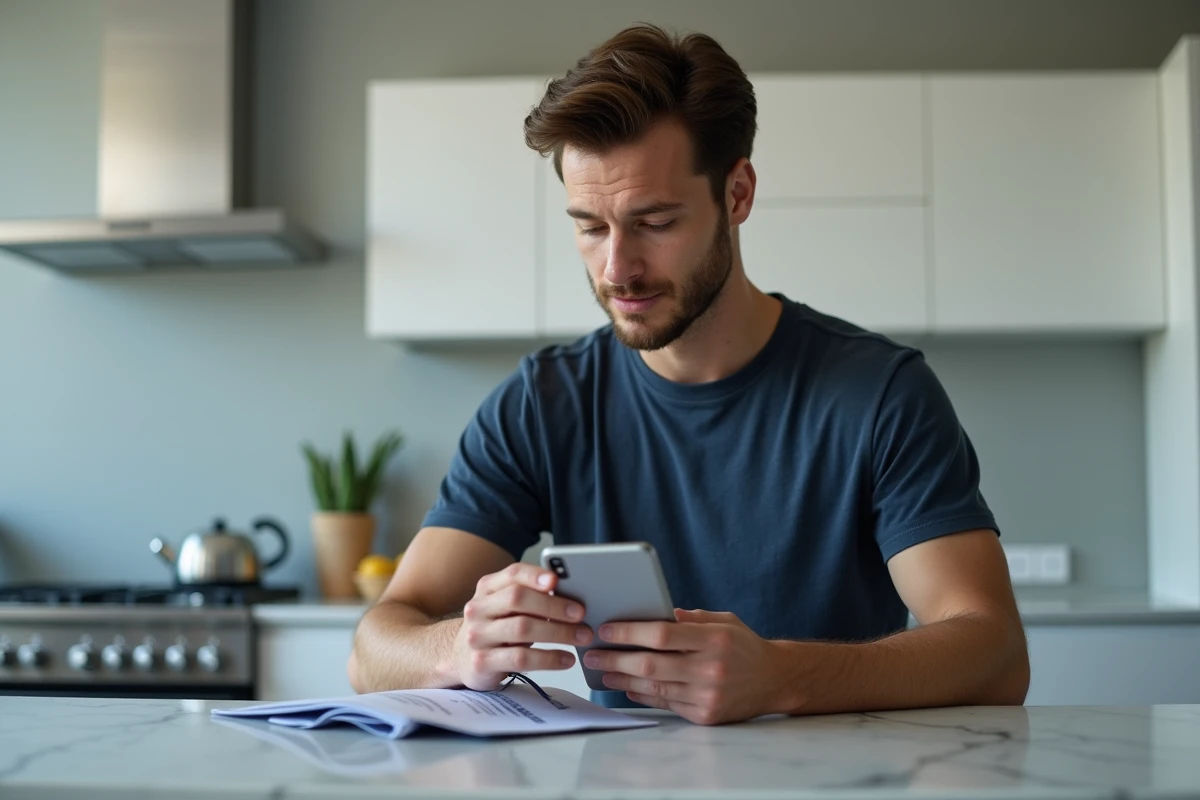 Homme consultant son smartphone avec des chèques Cadhoc posés sur un comptoir de cuisine pour une revente