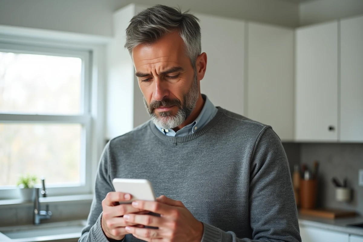 Homme lisant une réponse email du service client Cetelem sur son smartphone dans une cuisine moderne