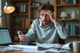 Homme stressé examinant des documents financiers et des factures à son bureau, illustrant les erreurs coûteuses d'un prêt trésorerie sans justificatif