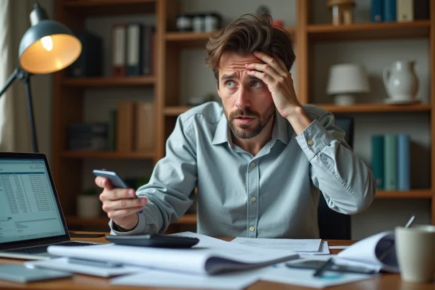 Homme stressé examinant des documents financiers et des factures à son bureau, illustrant les erreurs coûteuses d'un prêt trésorerie sans justificatif