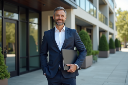 Homme confiant en costume dans un quartier urbain