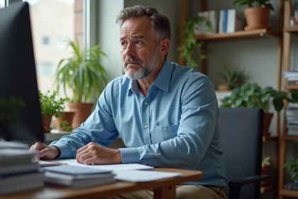 Homme d'âge moyen dans un bureau à domicile en pleine réflexion