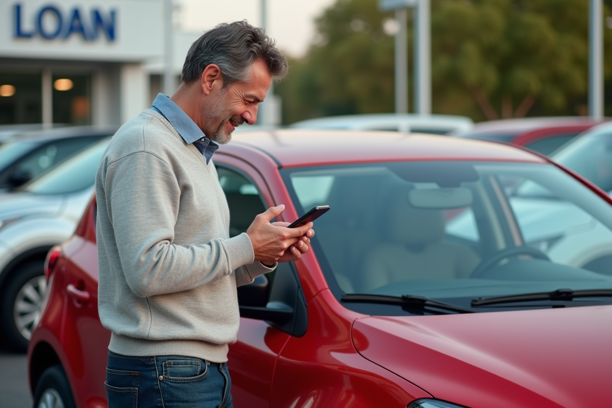 Homme regardant un comparatif de prêts devant une voiture rouge