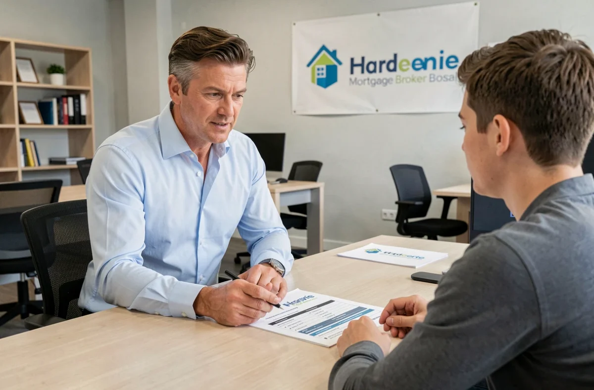 Conseiller IN&FI Crédits expliquant un plan de financement immobilier à un primo-accédant dans un bureau franchisé moderne