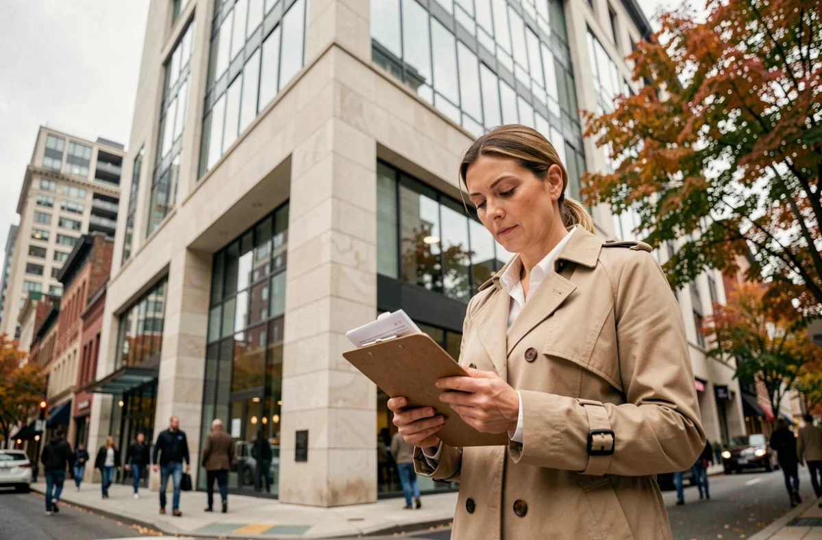 Femme investisseur consultant des documents devant un immeuble moderne symbole de placement SCPI en milieu urbain