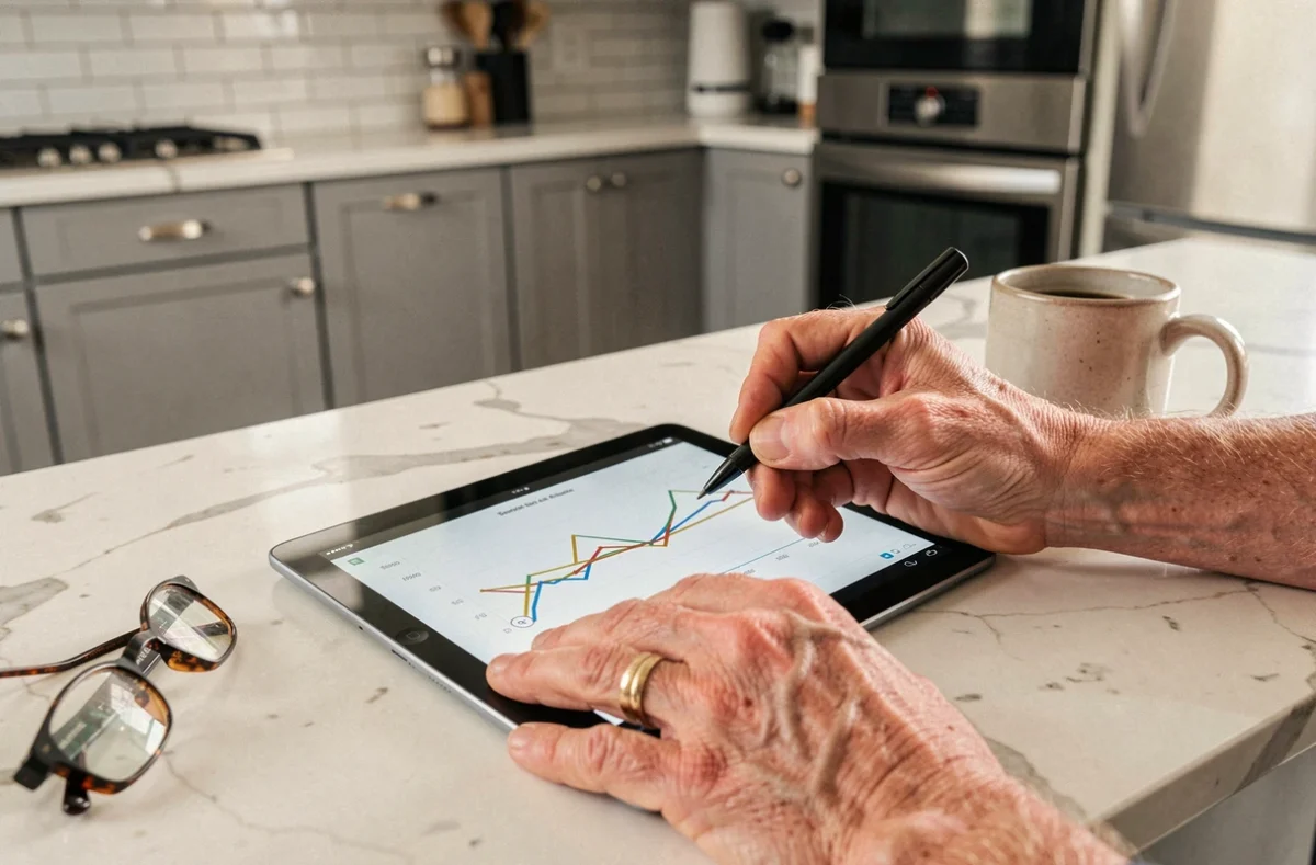 Mains d'un investisseur senior annotant un graphique boursier de l'action Thales sur tablette, planification retraite