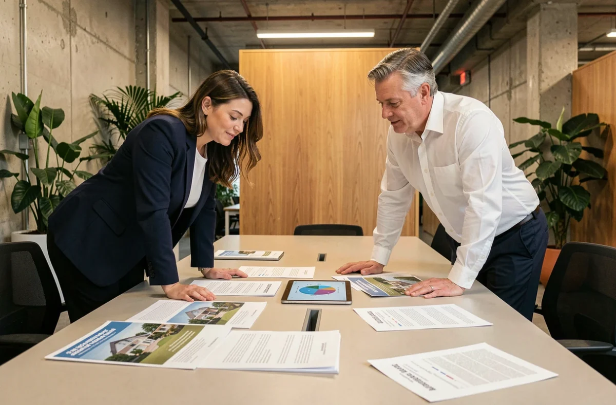 Deux investisseurs étudiant des documents de SCPI et un tableau de répartition de portefeuille dans un espace de coworking