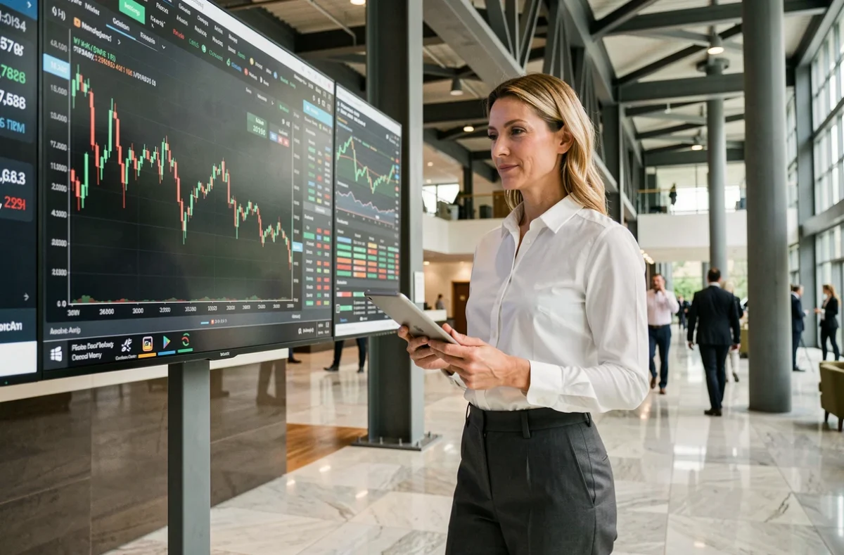 Investisseuse analysant une tendance boursière sur tablette dans le hall d'une institution financière moderne pour une stratégie d'achat par paliers