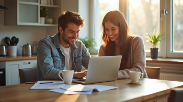 Jeune couple utilisant leur ordinateur pour consulter leur banque