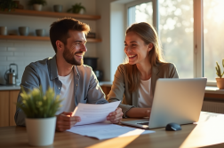 Jeune couple professionnel dans la cuisine avec ordinateur