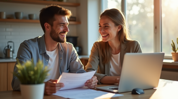 Jeune couple professionnel dans la cuisine avec ordinateur