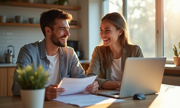 Jeune couple professionnel dans la cuisine avec ordinateur