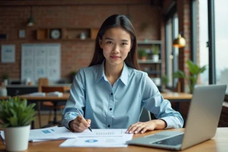 Jeune femme entrepreneur analysant des documents financiers dans un bureau de startup moderne sans bilan comptable