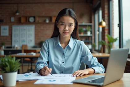 Jeune femme entrepreneur analysant des documents financiers dans un bureau de startup moderne sans bilan comptable