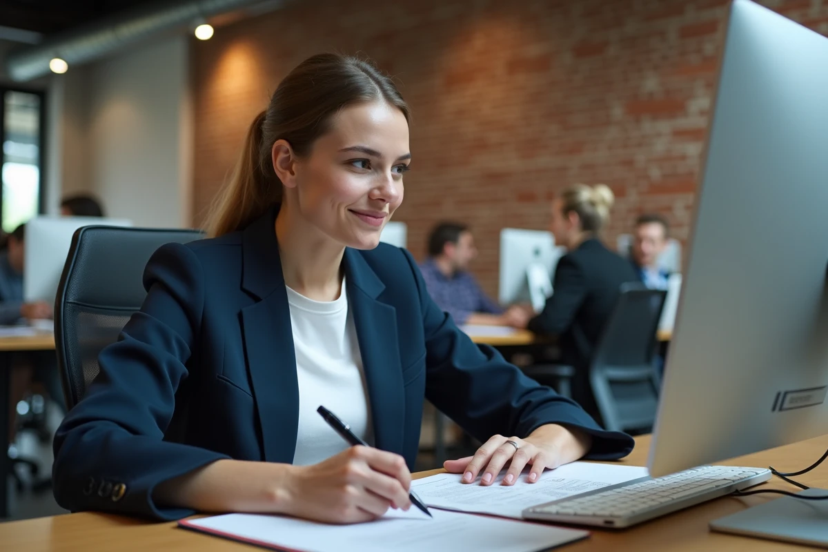 Jeune femme en coworking rédigeant un email de contact à un organisme de crédit comme Cetelem