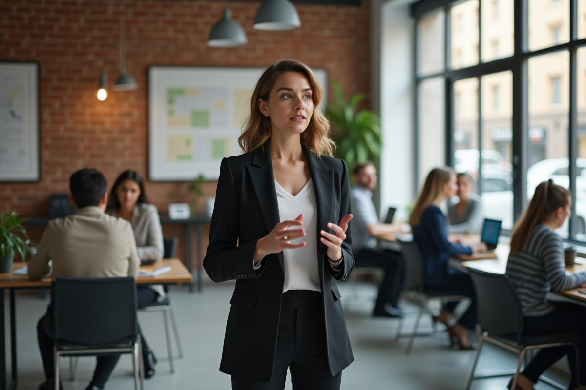 Jeune entrepreneure parlant à son équipe dans un open space