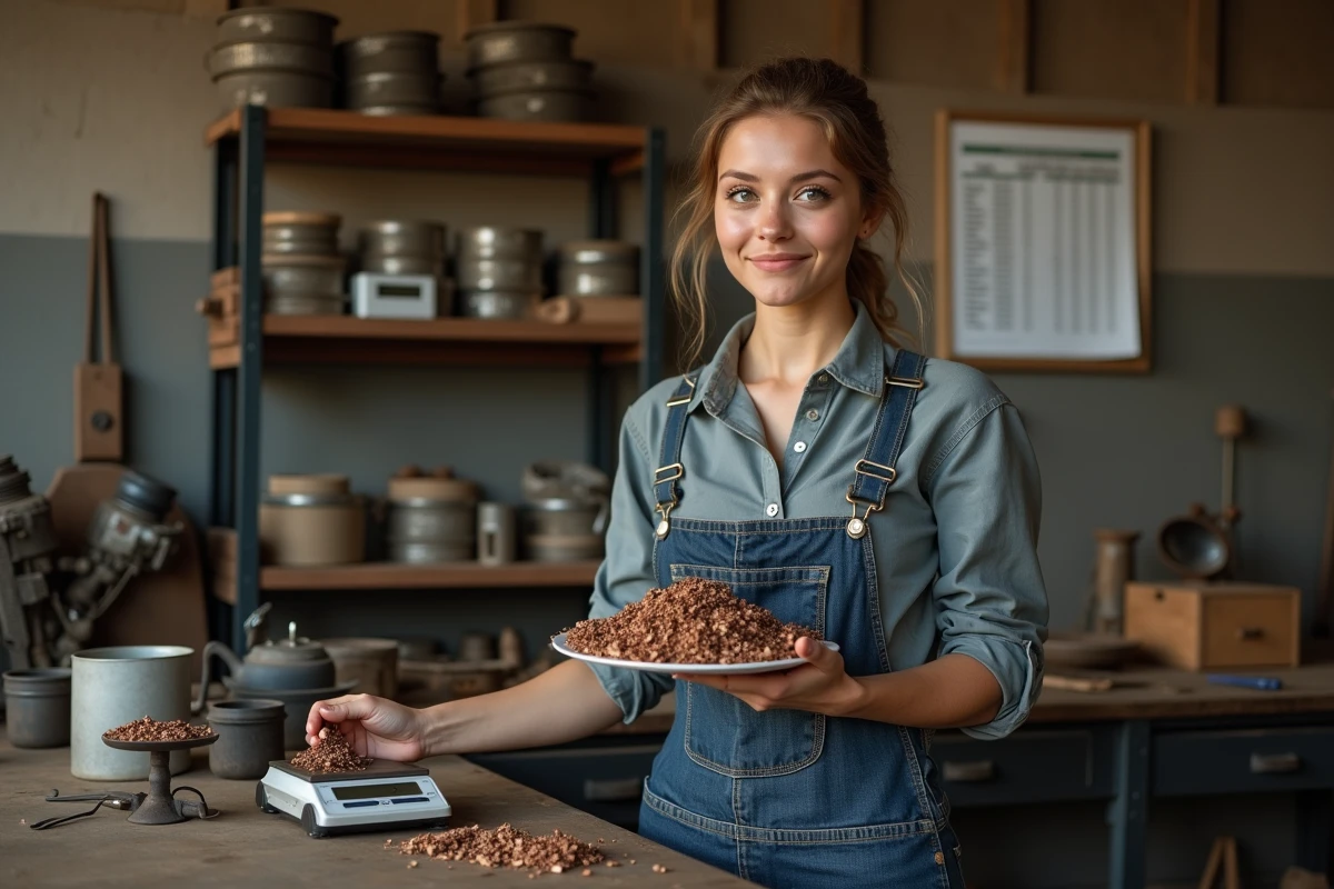 Jeune femme pesant des fragments de bronze dans un atelier