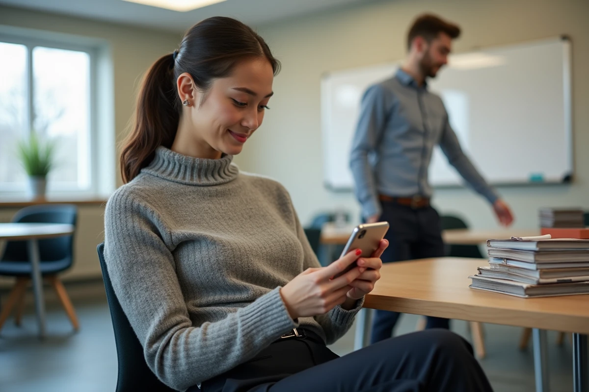 Jeune enseignante utilise smartphone pour simuler salaire