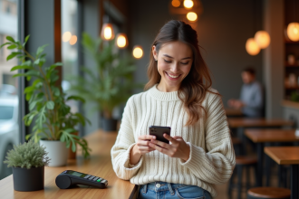 Jeune femme souriante utilisant son smartphone dans un café